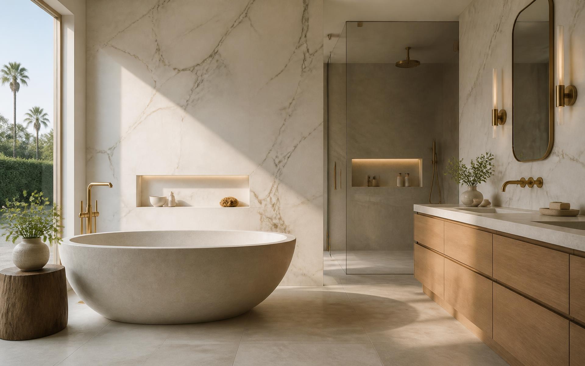 Primary bathroom with marble slab wall, stone soaking tub and oak double vanity