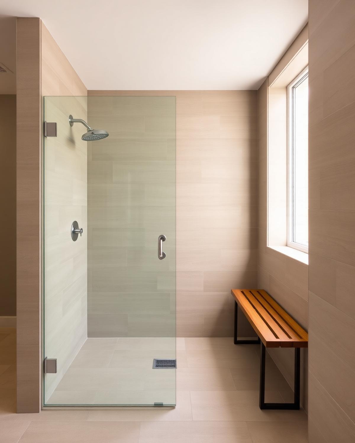 Walk-in shower with frameless glass, warm porcelain tile and teak bench